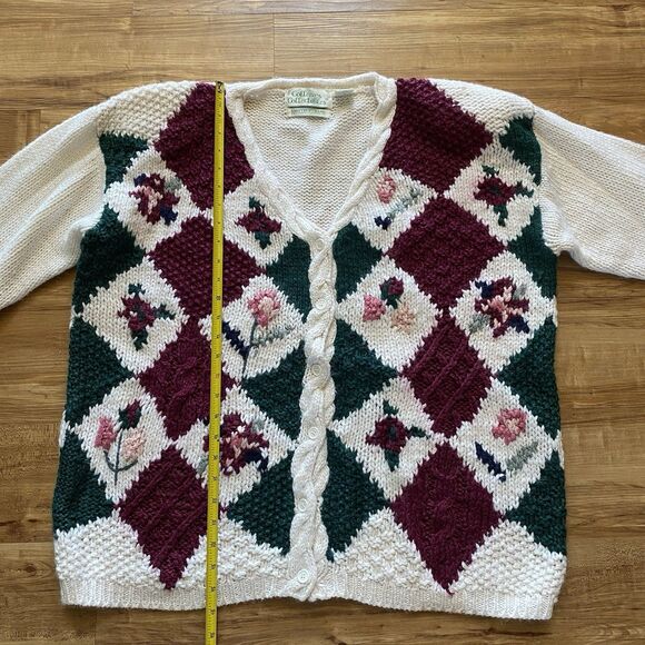VTG Colleen’s Collectables XL Cream Hand Knit Heavy Sweater Floral Cottagecore* - Picture 13 of 16